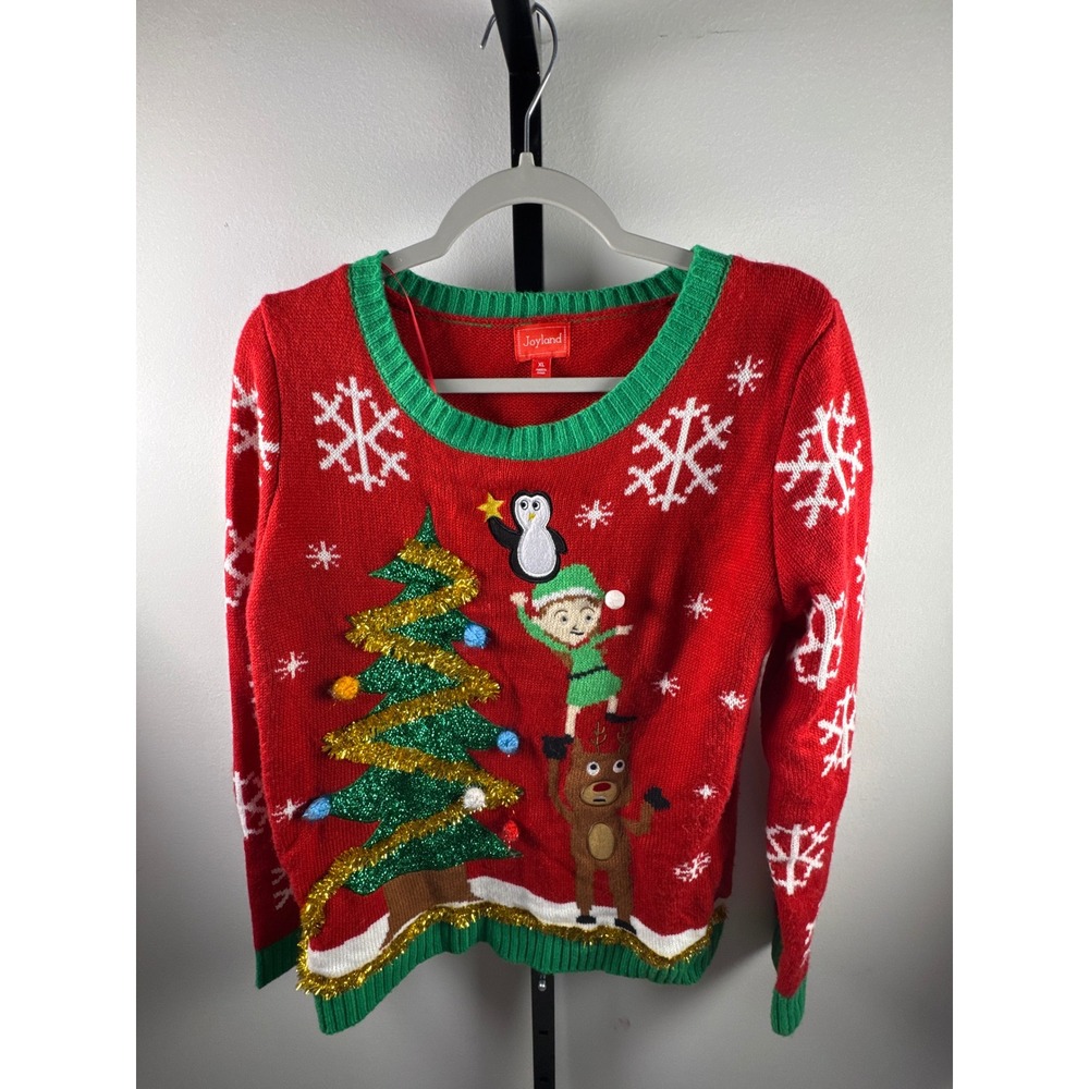 Joyland Christmas Sweater Womens XL Red Green Elf Reindeer Sequin Pom Pom